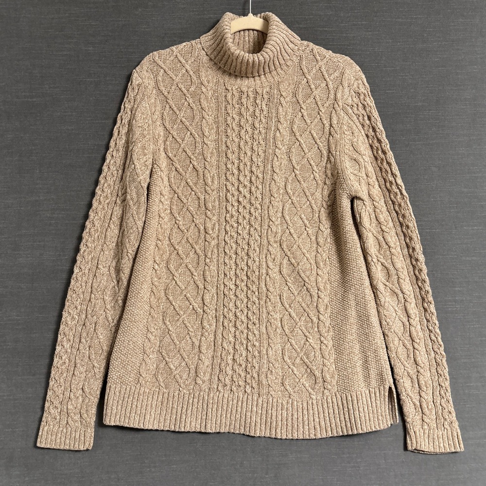 Lands End Sweater L Tall 14-16 Tan Cotton Cable Knit Turtleneck Pullover Tunic